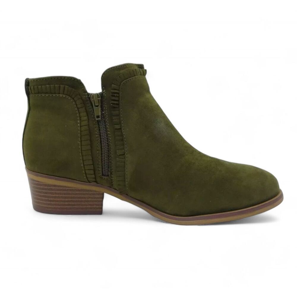 Mia Mable Ruffle Ankle Bootie Block Heel Faux Leather Olive Womens Size US 7.5W